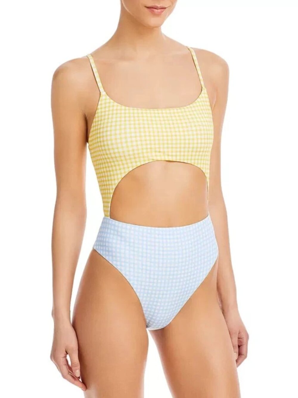 AQUA Swim Colorblock Cutout Maillo One Piece Swimsuit Yellow Blue Gingham M NWT
